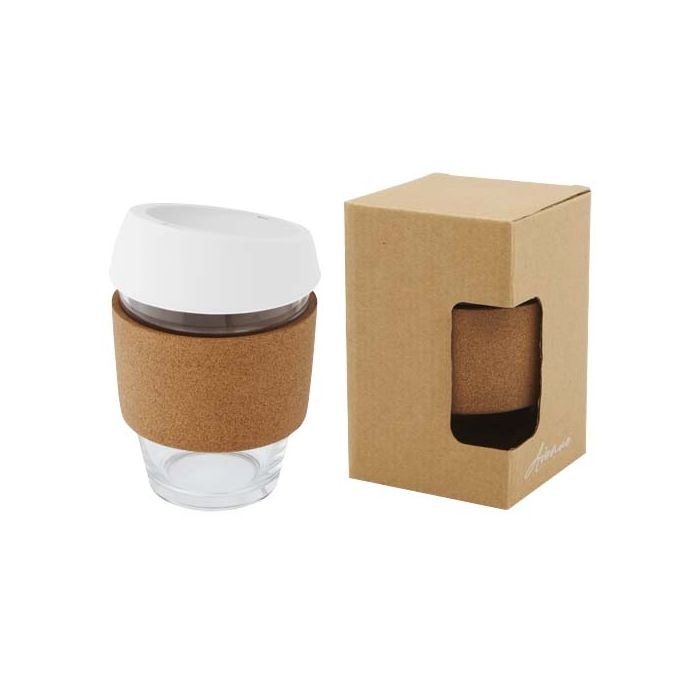 Lidan Szklany kubek o pojemności 360 ml z korkowym uchwytem i silikonową pokrywką-Biały – Gift Design