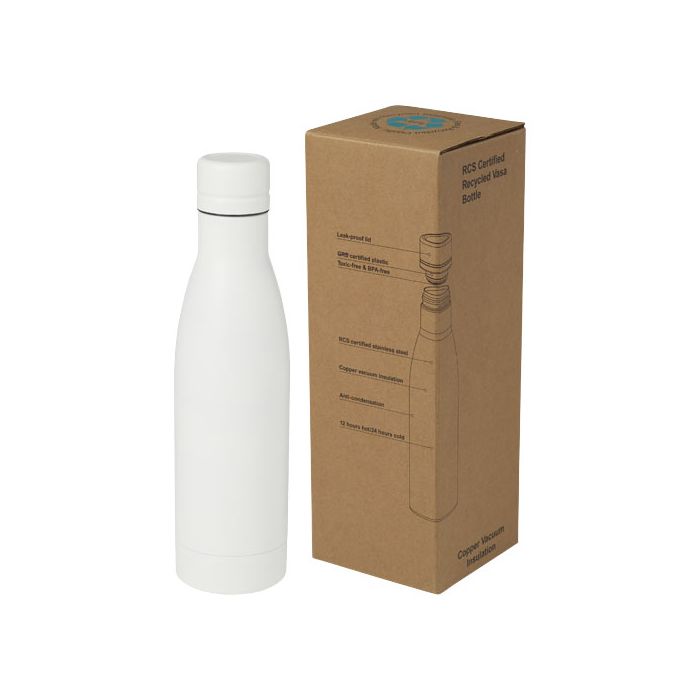 Vasa butelka ze stali nierdzwenej z recyklingu z miedzianą izolacją próżniową o pojemności 500 ml posiadająca certyfikat RCS -Biały – Gift Design