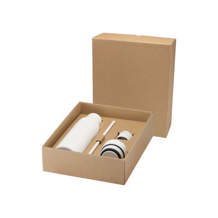 Illuminate butelka na wodę ze stali nierdzewnej z recyklingu o podwójnych ściankach i 3-częściowym zestawie zakrętek o pojemn-Biały – Gift Design