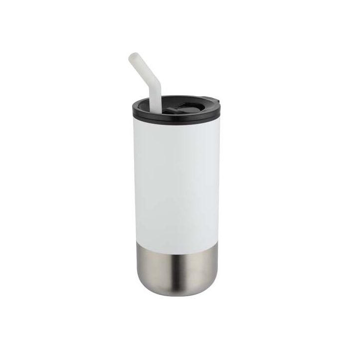 Grayson izolowany kubek z certyfikatem RCS z recyklingu o pojemności 480 ml z silikonową słomką-Biały – Gift Design