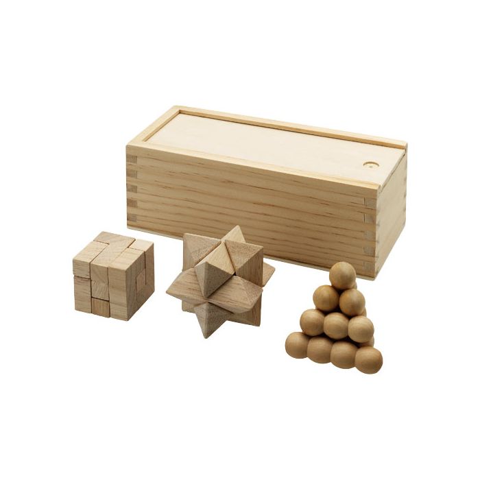 3-częściowy zestaw łamigłówek drewnianych Braniac-Naturalny – Gift Design