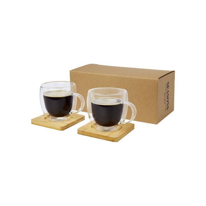 Manti 2 sztuki, szklany kubem o podwójnej ściance o pojemności 250 ml z bambusową podkłądką -Przezroczysty – Gift Design