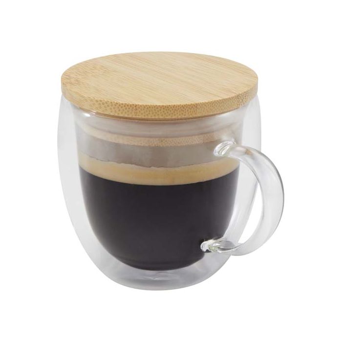 Szklany kubek Lenora z bambusową pokrywką o pojemności 250 ml-Przezroczysty klarowny – Gift Design