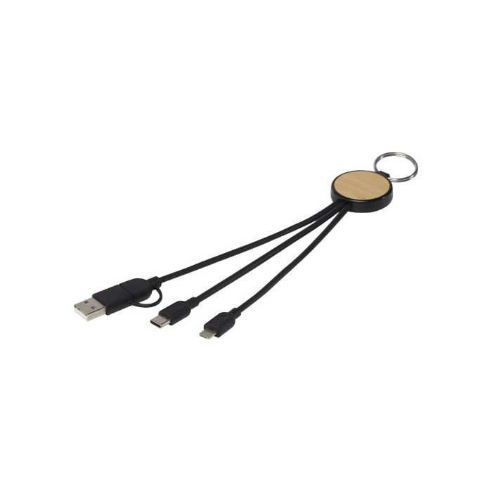 Tecta kabel do ładowania z tworzyw sztucznych pochodzących z recyklingu-bambusa 6 w 1 z brelokiem-Czarny – Gift Design