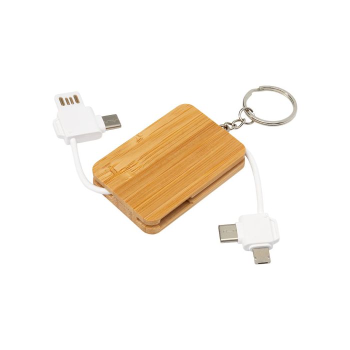 Reel chowany kabel do ładowania 6 w 1 w formie bambusowego breloka-Naturalny – Gift Design