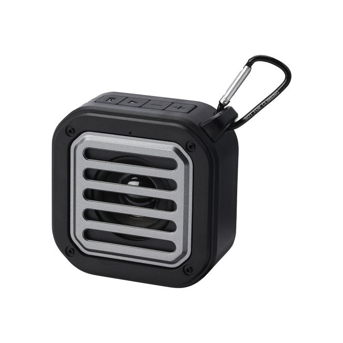 Solo plastikowy głośnik solarny Bluetooth® IPX5 o mocy 3 W z karabińczykiem wykonany z tworzywa pochodzącego z recyklingu z c-Czarny – Gift Design