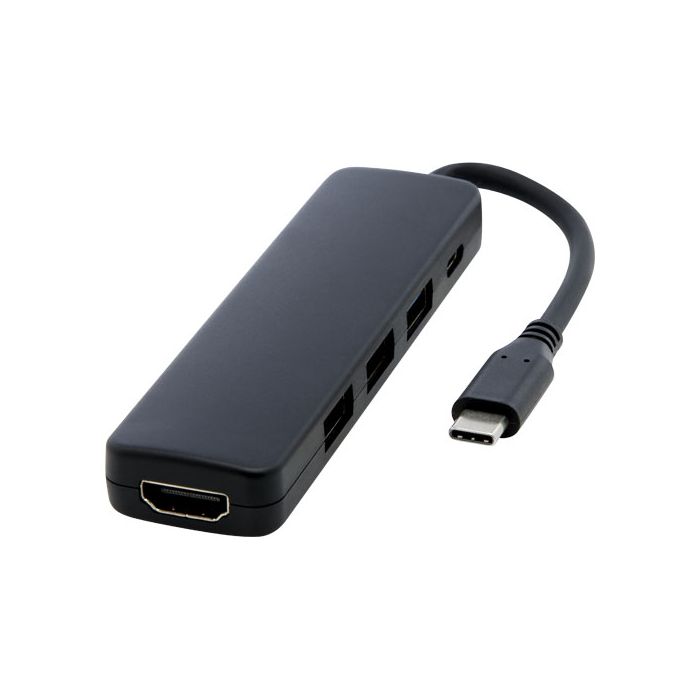 Loop adapter multimedialny USB 2.0-3.0 z portem HDMI wykonany z tworzyw sztucznych pochodzących z recyklingu z certyfikatem R-Czarny – Gift Design