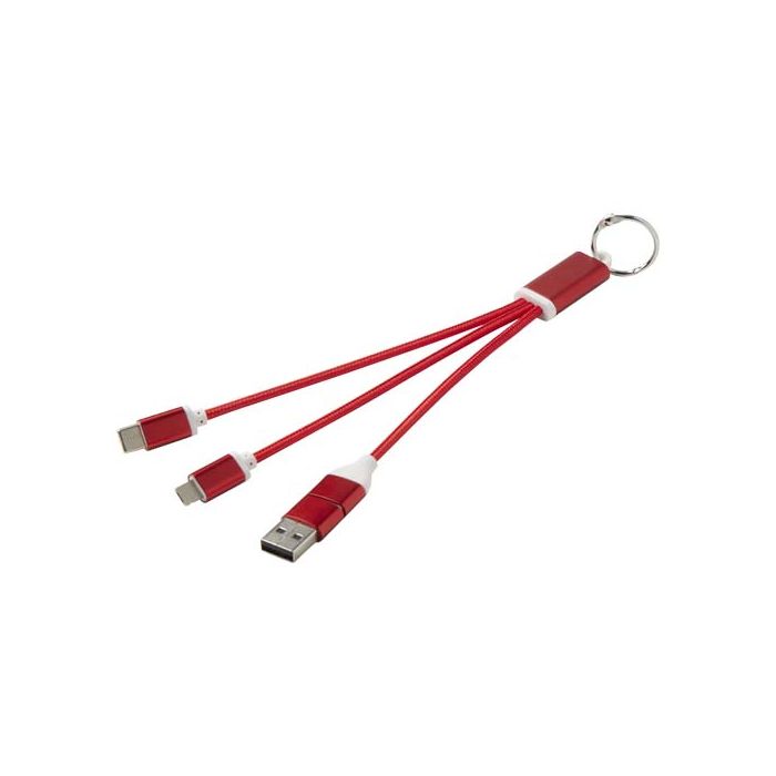 Metal kabel do ładowania 4 w 1 z aluminium z recyklingu z łańcuchem do kluczy-Czerwony – Gift Design