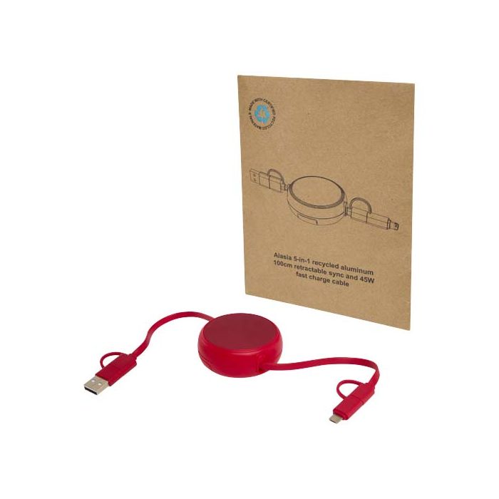 Alasia zwijany kabel do synchronizacji danych i szybkiego ładowania 5 w 1 45 W o długości 100 cm z tworzyw sztucznych i alumi-Czerwony – Gift Design