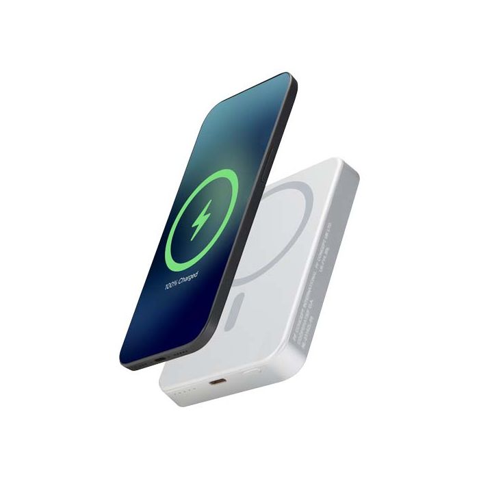 Powerbank Avis 10 000 mAh z recyklingowanego aluminium, z wbudowanym magnesem -Srebrny – Gift Design