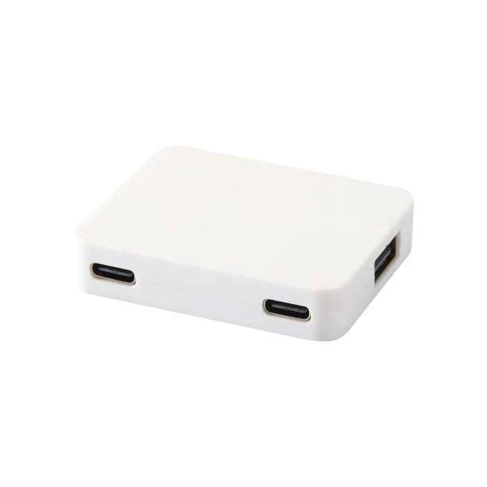 Gaia 4-portowy hub USB z wyjściem USB-A i typu C oraz podwójnym wejściem — wykonany z tworzyw sztucznych pochodzących z recyk-Biały – Gift Design