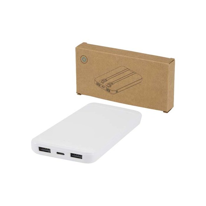 Adhil powerbank o pojemności 10.000 mAh i mocy 10 W z tworzyw sztucznych pochodzących z recyklilngu z 2 wbudowanymi kablami-Biały – Gift Design