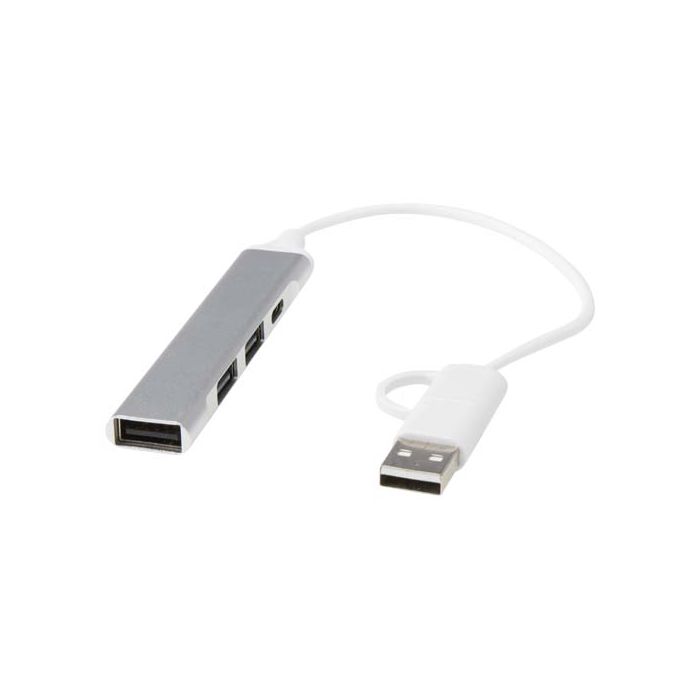 Alkaid 4-portowy hub USB-A i typu C z podwójnym wejściem wykonany z aluminium z recyklingu-Srebrny – Gift Design