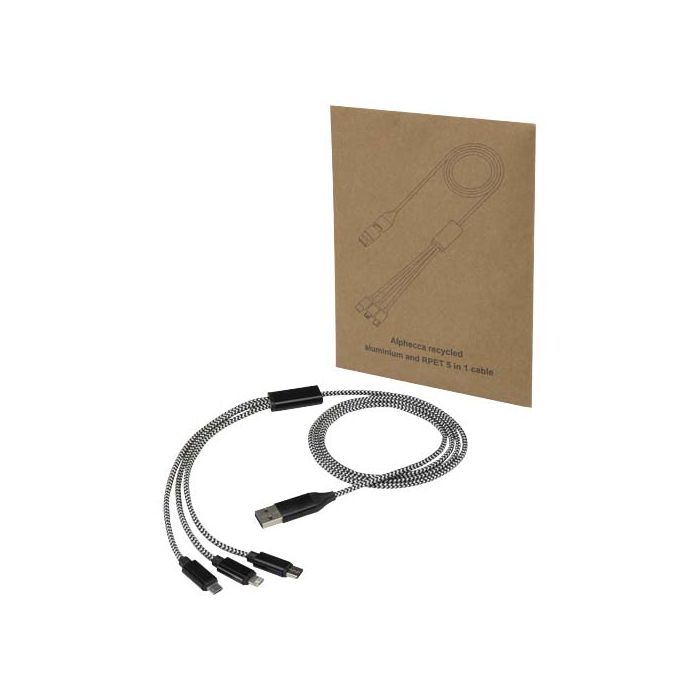 Alphecca - kabel ładujący 5 w 1 wykonany z recyklingowanego aluminium i tworzywa RPET -Czarny – Gift Design
