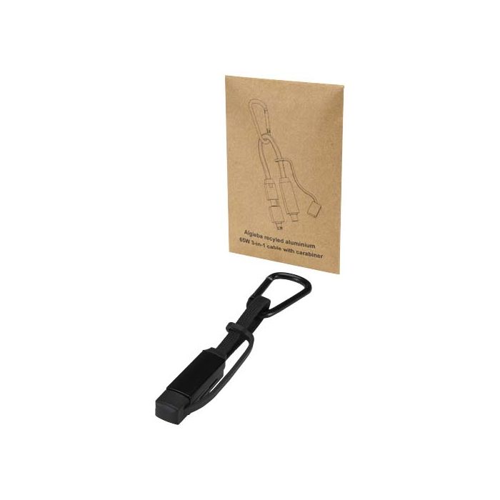 Kabel ładujący Algieba 65 W 3 w 1 wykonany z recyklingowanego aluminium, z karabińczykiem-Czarny – Gift Design