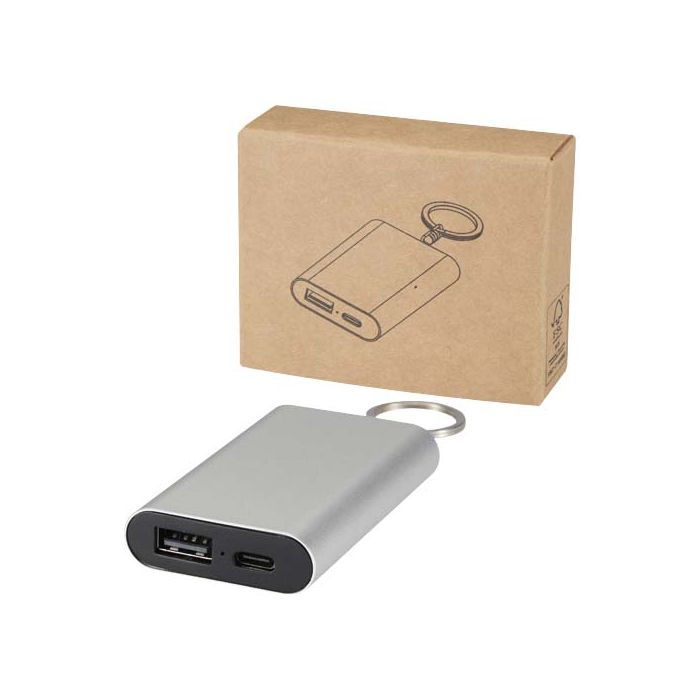 Arcturus powerbank o pojemności 2000 mAh z recyklingowanego aluminium z brelokiem-Srebrny – Gift Design