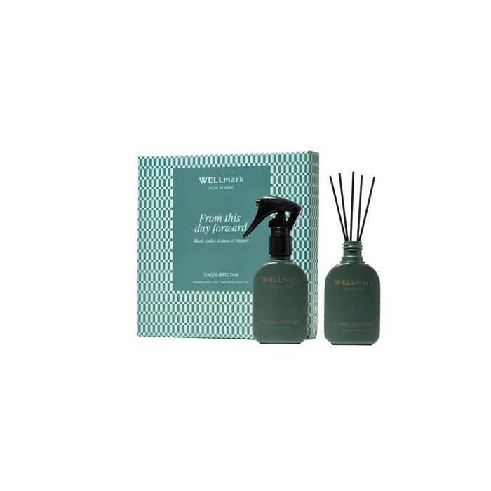 Zestaw upominkowy Wellmark Tender Affection: spray do pomieszczeń 50 ml i dyfuzor 50 ml-Zielony błysk – Gift Design