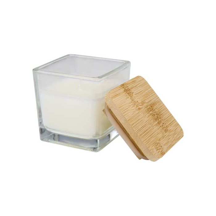 Ambra kwadratowa świeca w szkle z bambusową pokrywką-Biały – Gift Design