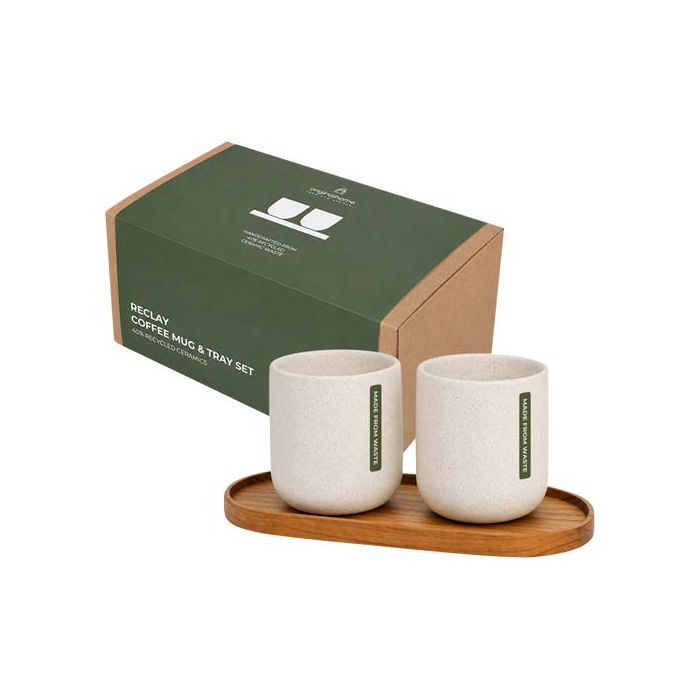 Zestaw składający się z owalnej drewnianej tacy Originalhome i ceramicznych kubków o pojemności 150 ml-Drewniany – Gift Design