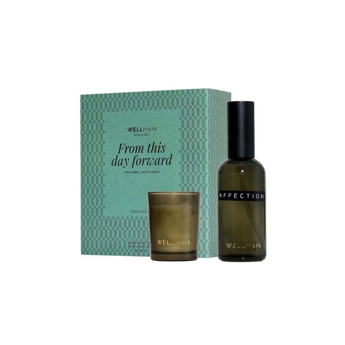 Zestaw upominkowy Wellmark: spray do wnętrz 100 ml i świeca Tender Affection 70 ml-Zielony błysk – Gift Design