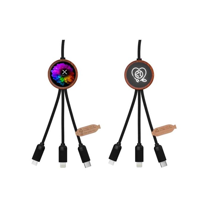 SCX.design C37 kabel do ładowania z podświetlanym logo 5-w-1 rPET i z okrągłą drewnianą obudową 40W-Drewniany – Gift Design