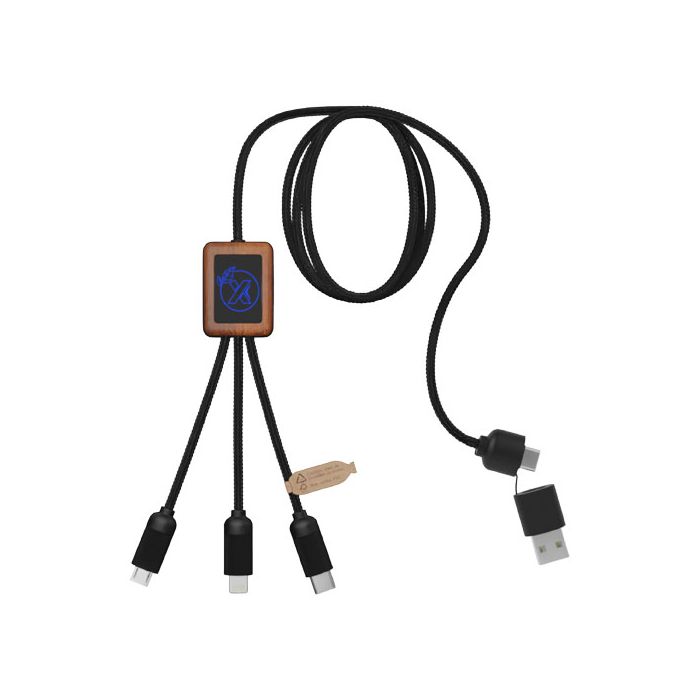 SCX.design C38 kabel do ładowania z podświetlanym logo 5-w-1 rPET i z kwadratową drewnianą obudową 40W-Niebieski – Gift Design