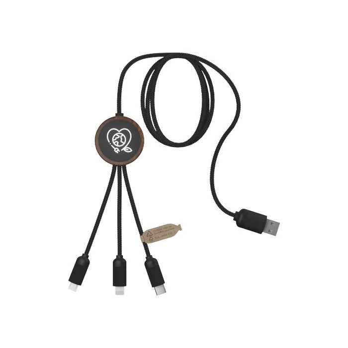 SCX.design C36 przedłużany kabel do ładowania z podświetlanym logo 3-w-1 rPET i z okrągłą bambusową obudową-Drewniany – Gift Design