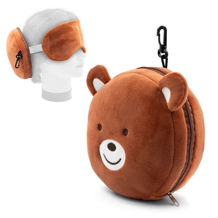 Pluszowa poduszka, zagłówek podróżny, maska na oczy, miś | Ren – Gift Design
