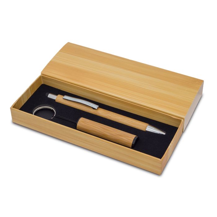 Bambusowy długopis i latarka w pudełku Pelak, beżowy – Gift Design
