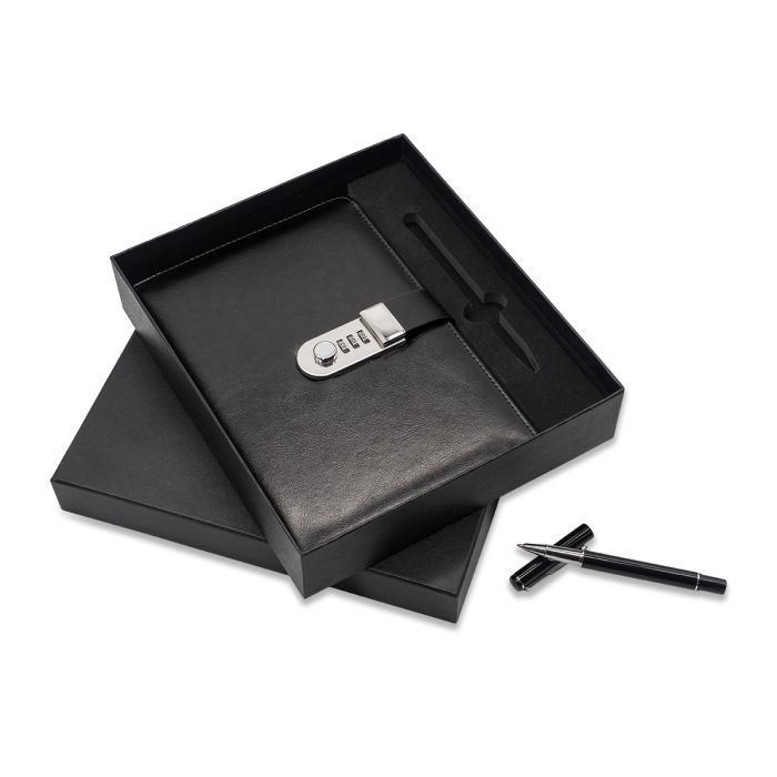 Zestaw notes z szyfrem i długopis Windsor, czarny – Gift Design