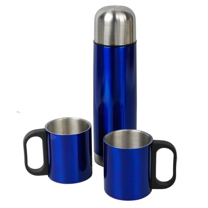 Metalowy termos Picnic 480 ml + 2 kubki, niebieski-srebrny – Gift Design