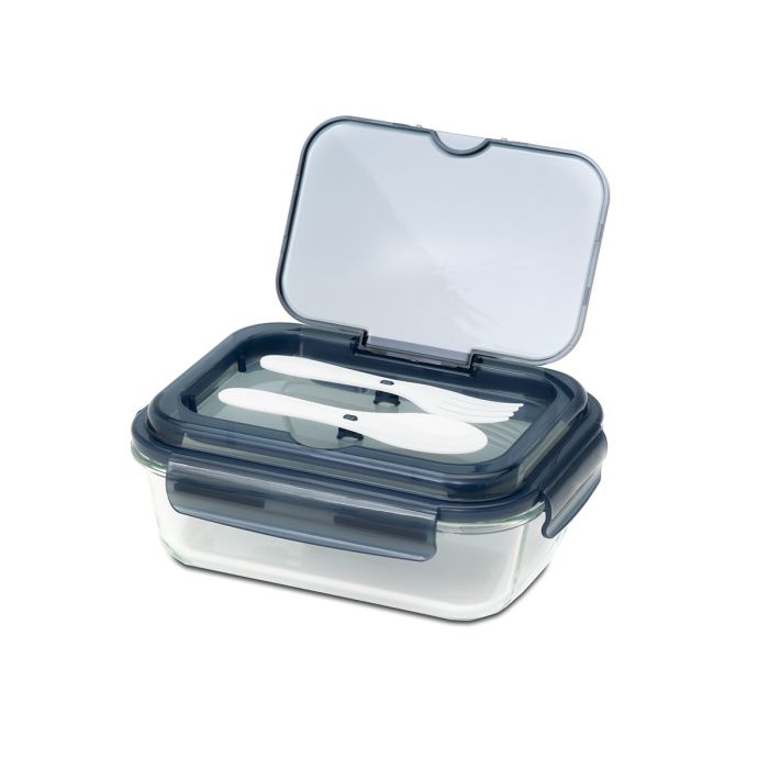 Szklany lunch box ze sztućcami Lagos 1000 ml, czarny – Gift Design