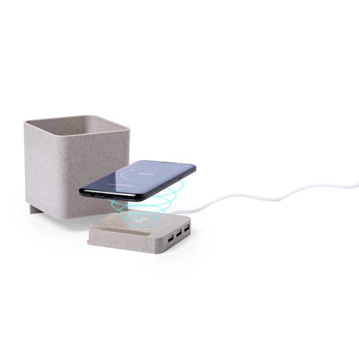 Ładowarka bezprzewodowa 5W ze słomy pszenicznej, hub USB 2.0, pojemnik na przybory do pisania, stojak na telefon – Gift Design