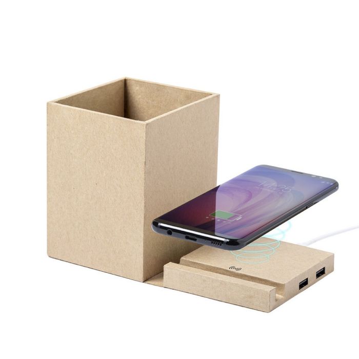 Składana ładowarka bezprzewodowa 5W z kartonu z recyklingu, hub USB 2.0, pojemnik na przybory do pisania, stojak na telefon – Gift Design