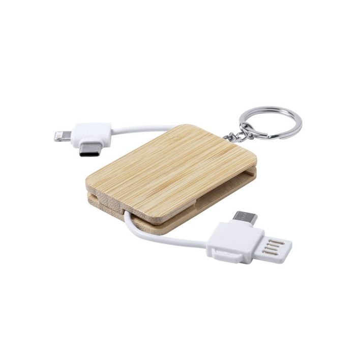 Kabel do ładowania, bambusowy brelok do kluczy – Gift Design