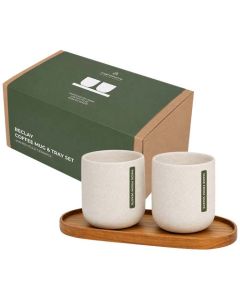 Zestaw składający się z owalnej drewnianej tacy Originalhome i ceramicznych kubków o pojemności 150 ml-Drewniany – Gift Design