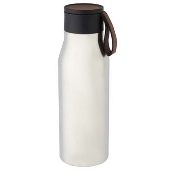 Ljungan Miedziana, izolowana próżniowo butelka ze stali nierdzewnej o pojemności 500 ml z paskiem ze skóry PU i pokrywką-Srebrny – Gift Design