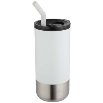 Grayson izolowany kubek z certyfikatem RCS z recyklingu o pojemności 480 ml z silikonową słomką-Biały – Gift Design