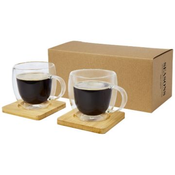 Manti 2 sztuki, szklany kubem o podwójnej ściance o pojemności 250 ml z bambusową podkłądką -Przezroczysty – Gift Design