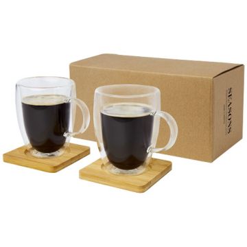 Manti 2 sztuki, kubek szklany z podwójną ścianką o pojemności 350 ml z bambusową podkładką -Przezroczysty – Gift Design
