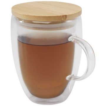 Szklany kubek Leona 350 ml z bambusową pokrywką-Przezroczysty klarowny – Gift Design