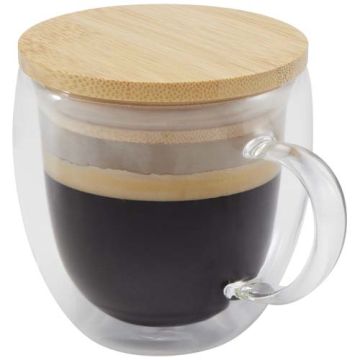 Szklany kubek Lenora z bambusową pokrywką o pojemności 250 ml-Przezroczysty klarowny – Gift Design