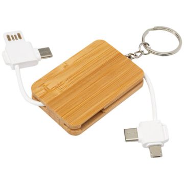 Reel chowany kabel do ładowania 6 w 1 w formie bambusowego breloka-Naturalny – Gift Design