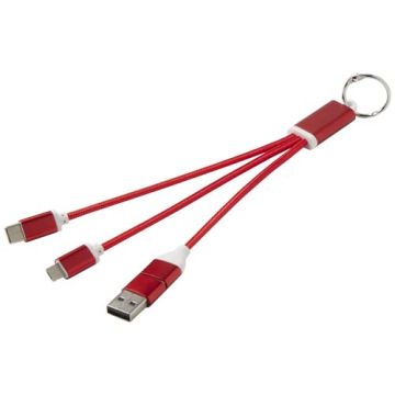 Metal kabel do ładowania 4 w 1 z aluminium z recyklingu z łańcuchem do kluczy-Czerwony – Gift Design