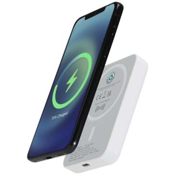 Acrab magnetyczny bezprzewodowy powerbank o pojemności 5000 mAh i mocy 15 W z technologią PD 20 W — wykonany z tworzyw sztycz-Biały – Gift Design