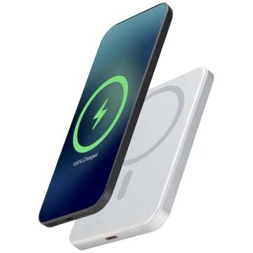 Powerbank Avis 5000 mAh z recyklingowanego aluminium posiadającego certyfikację RCS, z wbudowanym magnesem -Srebrny – Gift Design