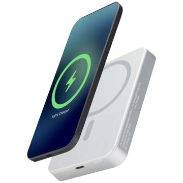 Powerbank Avis 10 000 mAh z recyklingowanego aluminium, z wbudowanym magnesem -Srebrny – Gift Design