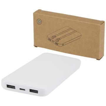 Adhil powerbank o pojemności 10.000 mAh i mocy 10 W z tworzyw sztucznych pochodzących z recyklilngu z 2 wbudowanymi kablami-Biały – Gift Design