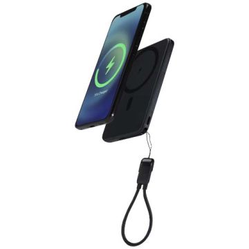 Powerbank SMART o pojemności 5000 mAh, wykonany z tworzywa sztucznego pochodzącego z recyklingu, ze smyczą na szyję-Czarny – Gift Design
