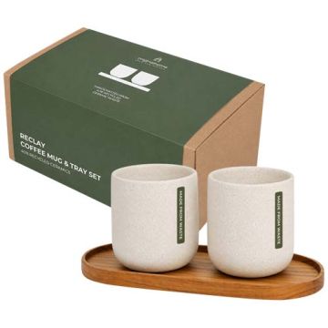 Zestaw składający się z owalnej drewnianej tacy Originalhome i ceramicznych kubków o pojemności 150 ml-Drewniany – Gift Design